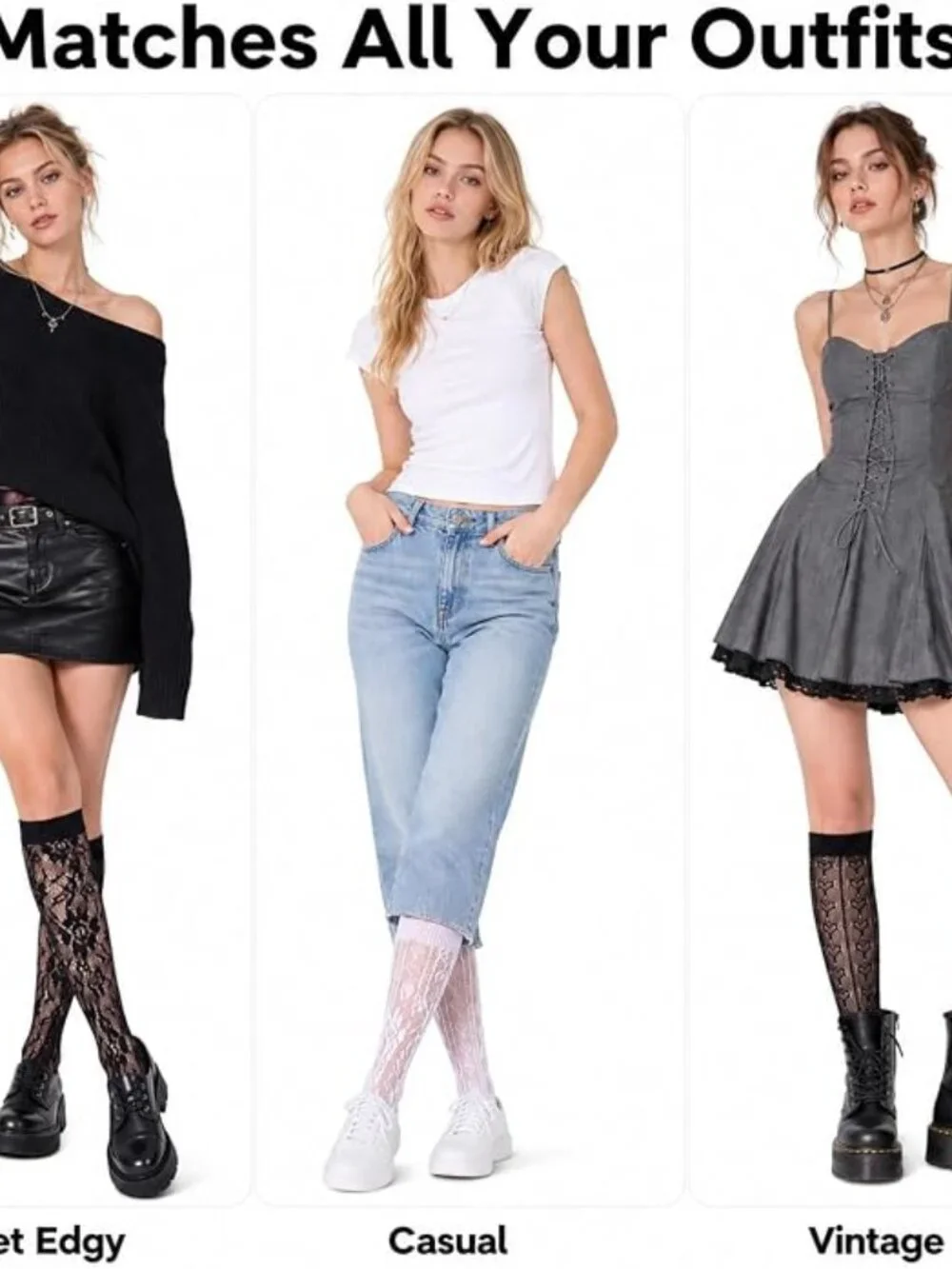 4 Pair Women's Black & White Lace Knee High Boot Socks
